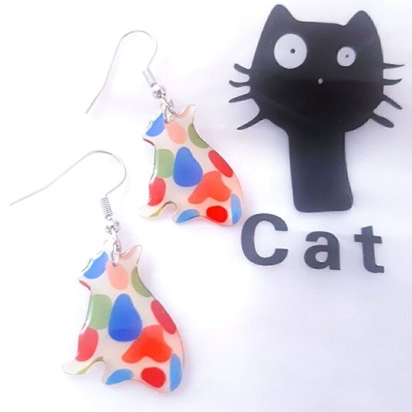 Kitty Cat Acrylic Multicolor Dangling Colorful Earrings - Picture 1 of 7